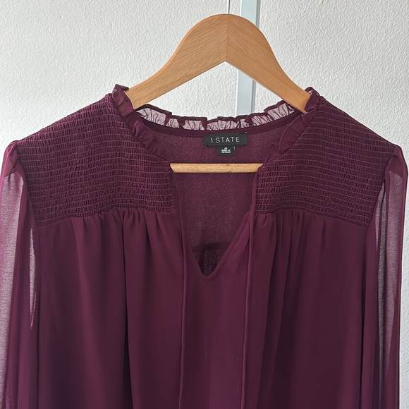 Smocked Blouse 1X Sheer Plum Ruffle Neck Tie Romantic Boho Dark Fairy Whimsigoth - Picture 5 of 10
